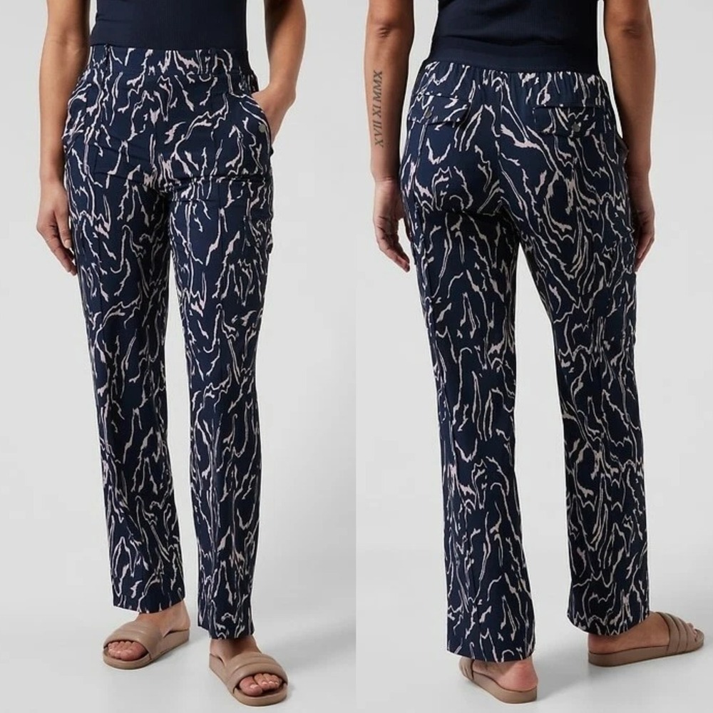 Athleta Womens Vienna Cargo Pant Size 4 Navy Orchid Pink Printed Pull On UPF 50+